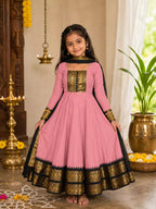 Baby Pink Vichitra Silk Maxi Kurti with Jacquard Border Dupatta for Girl