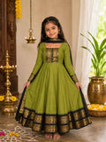 Green Vichitra Silk Maxi Kurti with Jacquard Border Dupatta for Girl