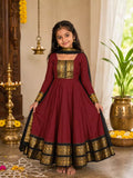 Maroon Vichitra Silk Maxi Kurti with Jacquard Border Dupatta for Girl
