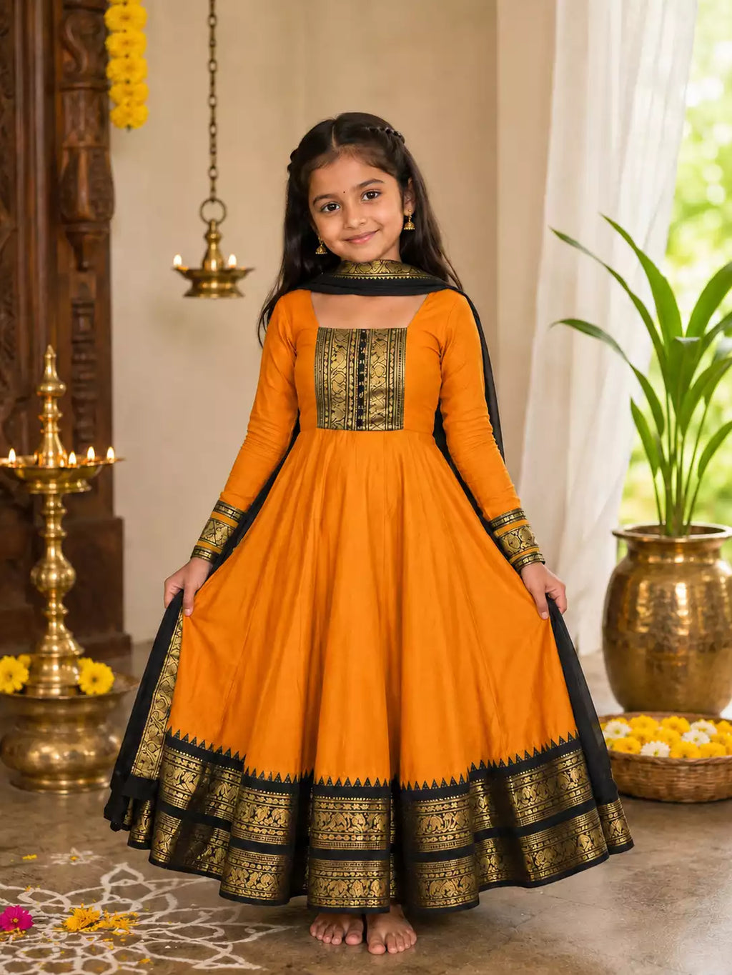Orange Vichitra Silk Maxi Kurti with Jacquard Border Dupatta for Girl