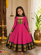 Pink Vichitra Silk Maxi Kurti with Jacquard Border Dupatta for Girl