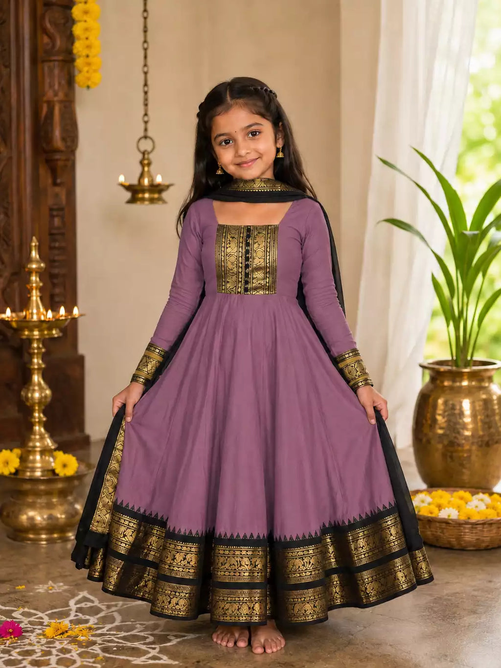 Purple Vichitra Silk Maxi Kurti with Jacquard Border Dupatta for Girl