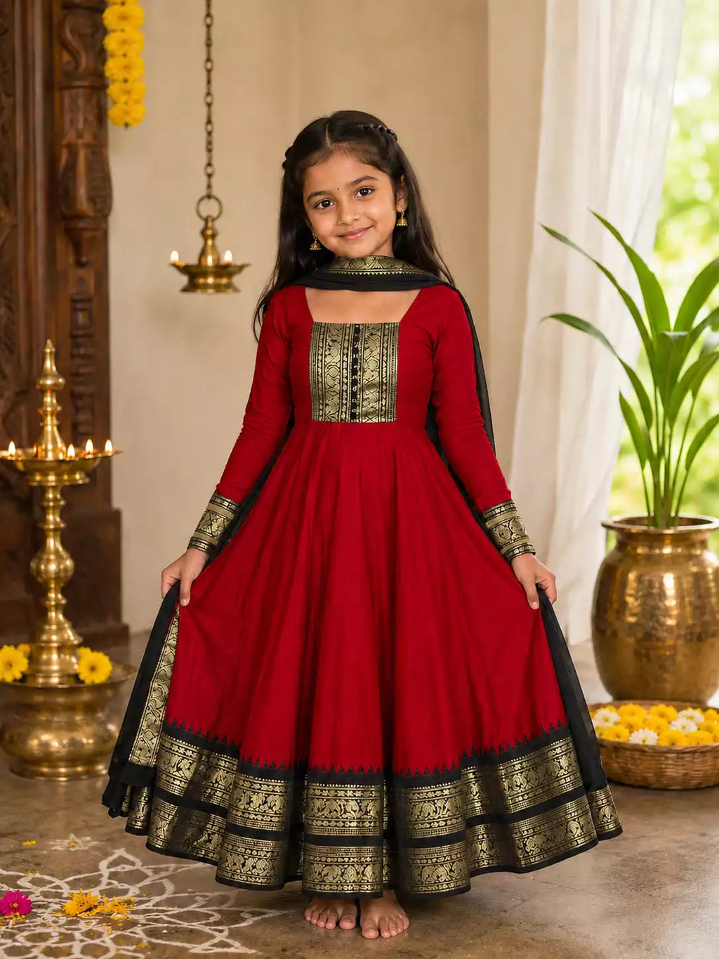 Red Vichitra Silk Maxi Kurti with Jacquard Border Dupatta for Girl