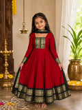 Red Vichitra Silk Maxi Kurti with Jacquard Border Dupatta for Girl
