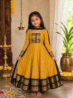 Yellow Vichitra Silk Maxi Kurti with Jacquard Border Dupatta for Girl