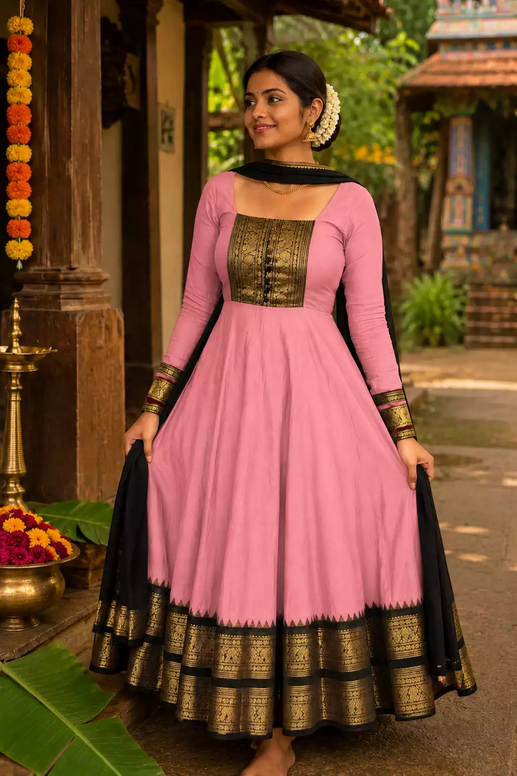 Baby Pink Vichitra Maxi Kurti with Jacquard Border Dupatta