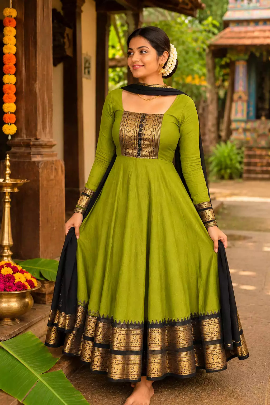 Green Vichitra Maxi Kurti with Jacquard Border Dupatta
