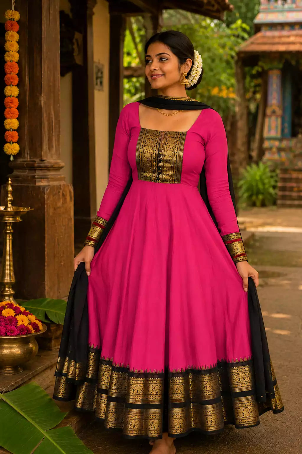 Pink Vichitra Maxi Kurti with Jacquard Border Dupatta