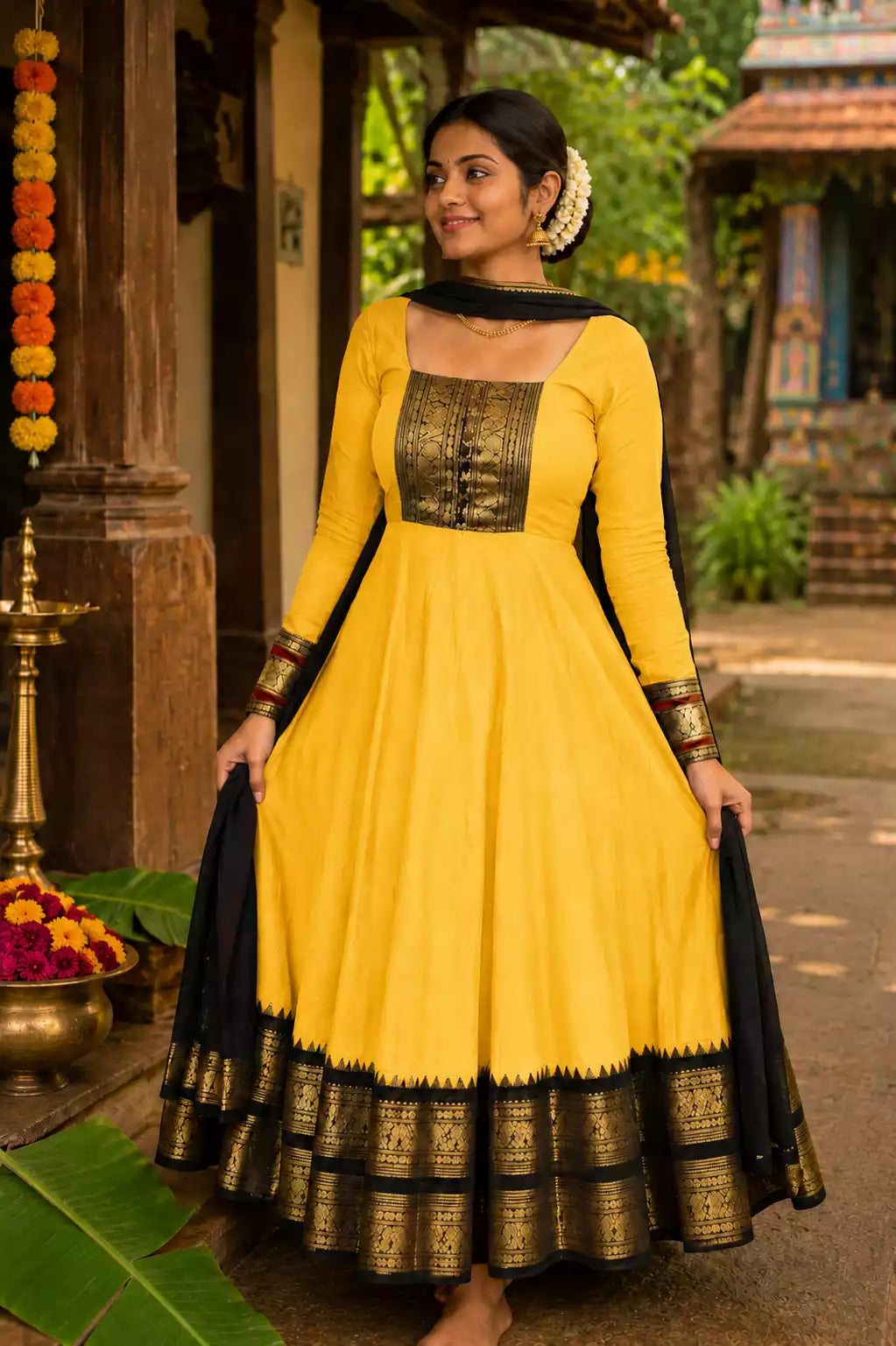 Yellow Vichitra Maxi Kurti with Jacquard Border Dupatta