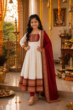 Cotton Blend Chanderi Maxi Kurti with Jacquard Border Dupatta for Girl