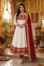 White Cotton Chanderi Maxi Kurti with Jacquard Border Dupatta Combo