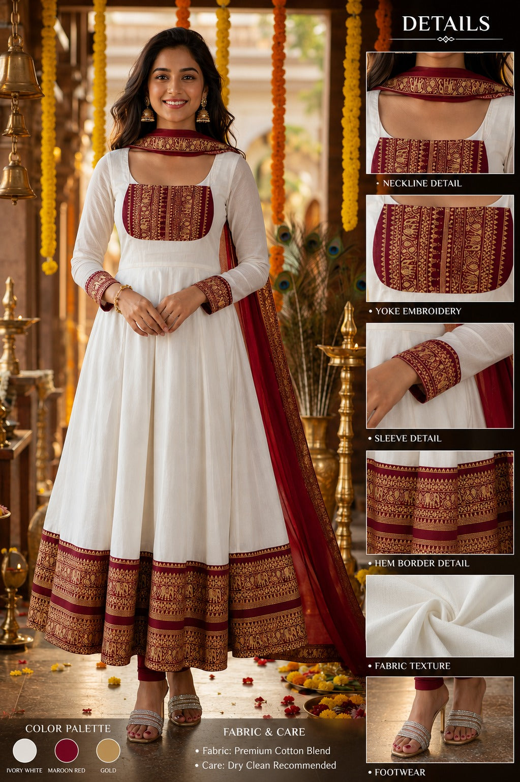 White Cotton Chanderi Maxi Kurti with Jacquard Border Dupatta Combo
