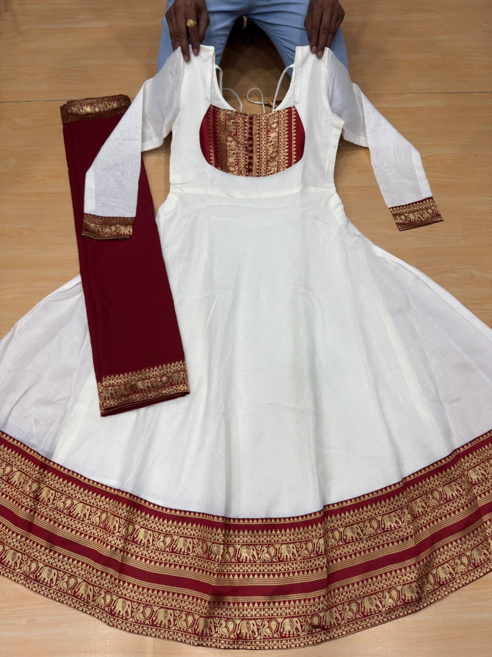 Cotton Blend Chanderi Maxi Kurti with Jacquard Border Dupatta for Girl