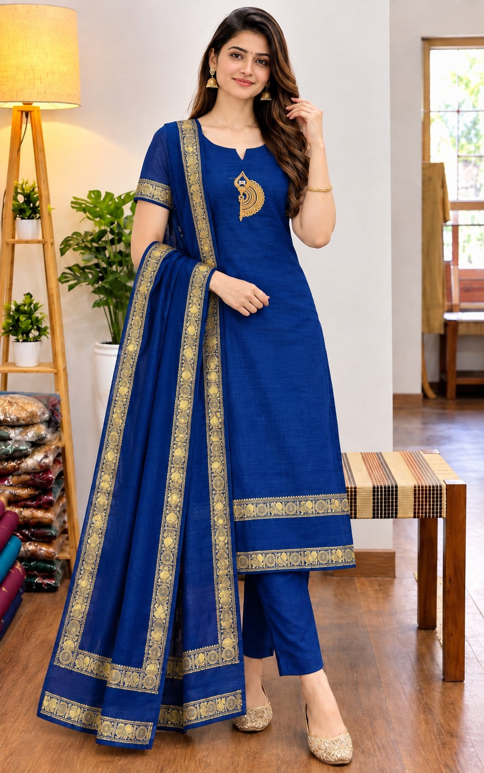 Chettinad Cotton Vel Symbol Embroidered Kurti with Dupatta