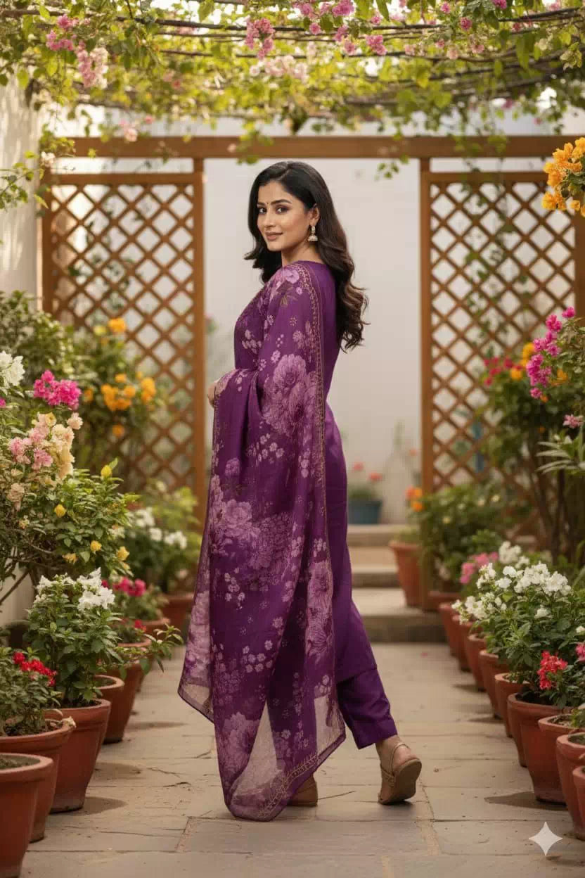 Slub Cotton Kurti Pant with Organza Dupatta