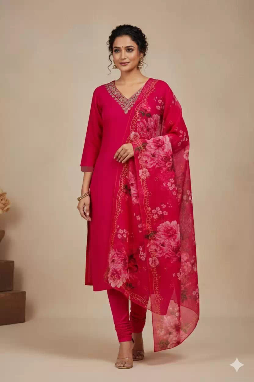 Slub Cotton Kurti Pant with Organza Dupatta
