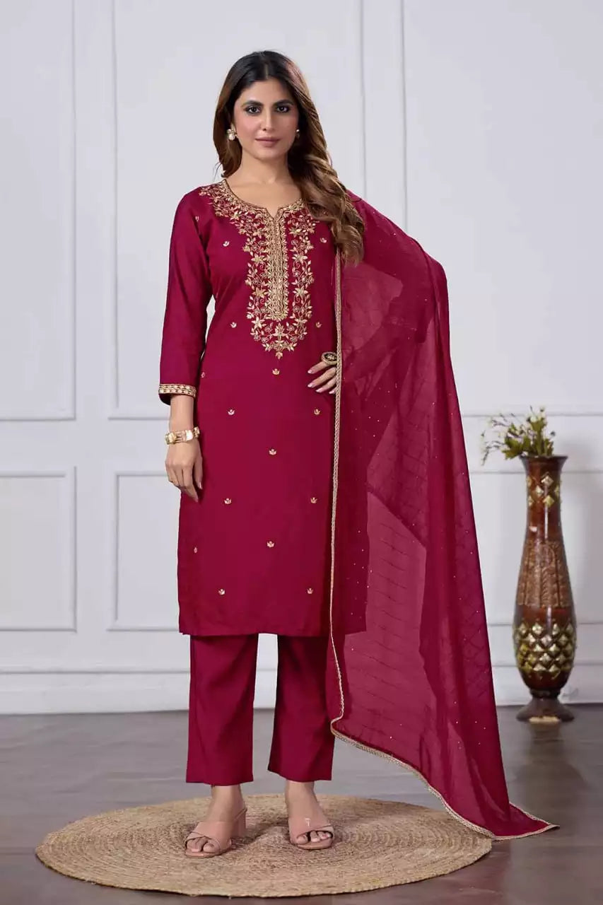 Straight Kurti Pant Dupatta Set with Embroidery Work
