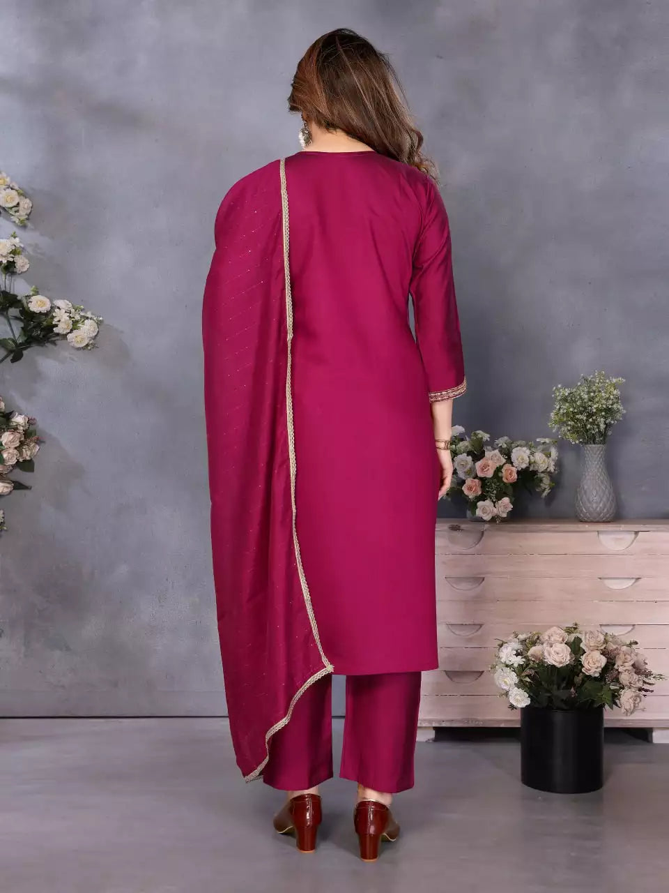 Straight Kurti Pant Dupatta Set with Embroidery Work